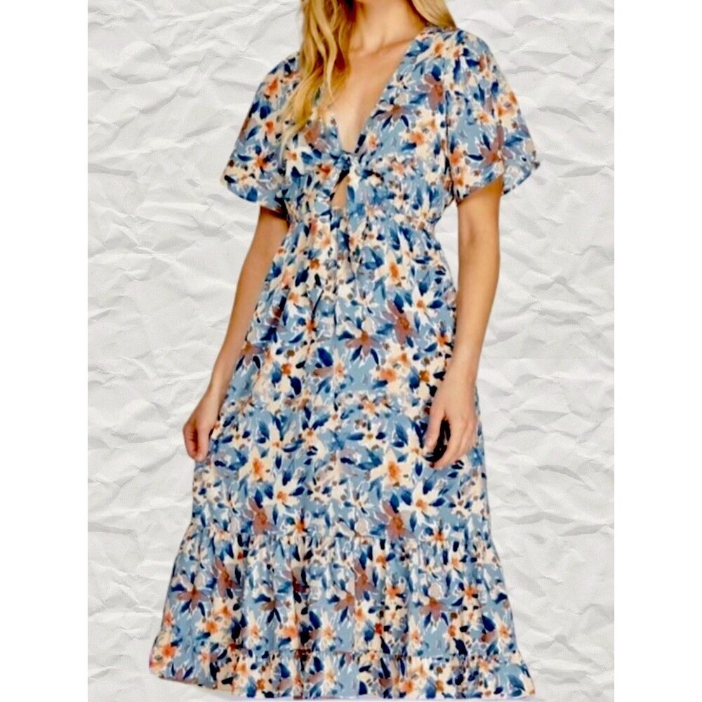 SHE+SKY Blue/Orange Floral Tie Front Cutout Tiered Midi Dress Size  L MSRP $72